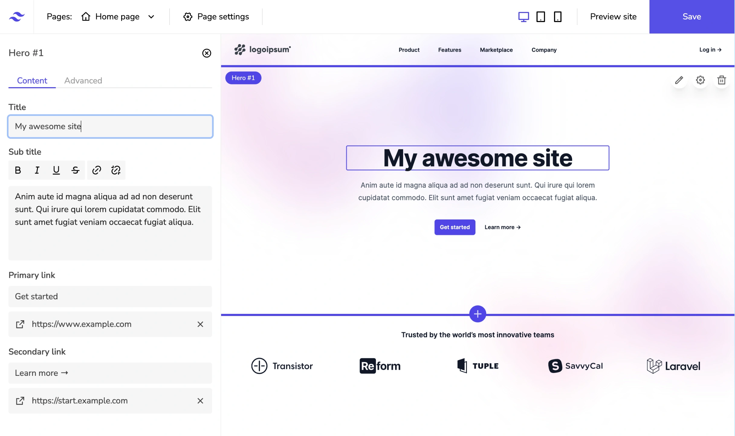 Site builder UI screenshot